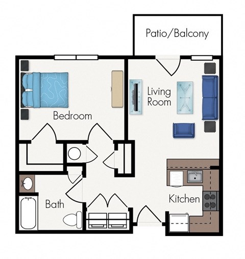 A floor plan of a house with a bedroom, bath, kitchen, living room and patio/balcony.